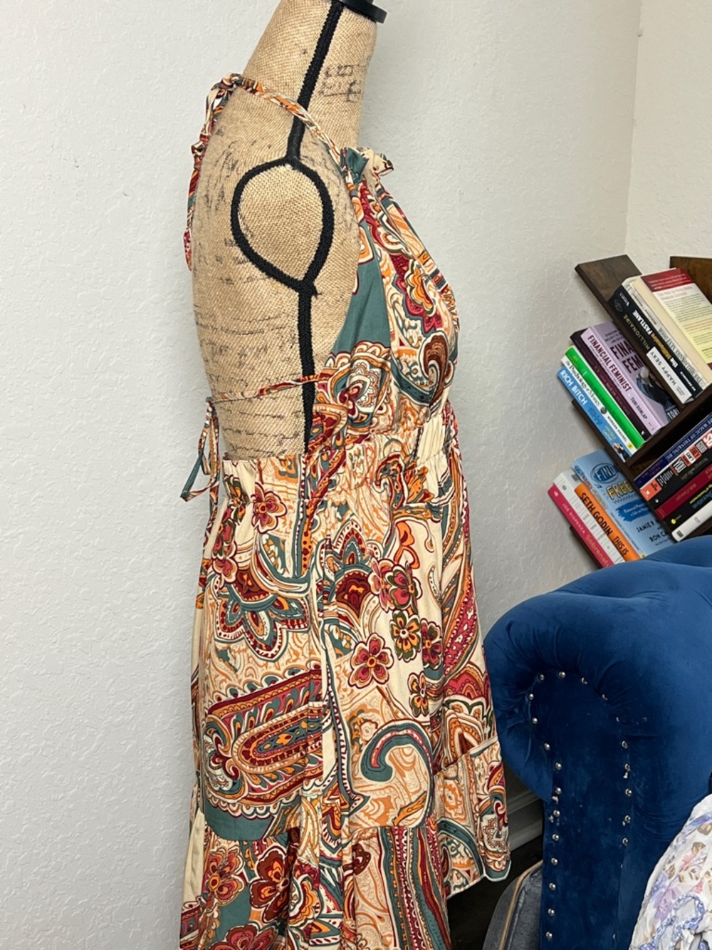 Boho Halter Maxi Dress in Cream & Teal Paisley - Picture 2 of 8